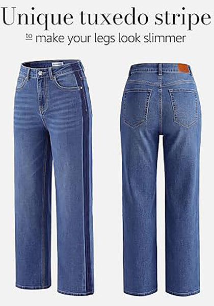Medium Blue Women's High Waisted Straight Leg Jeans, Tuxedo Side Stripe Stretchy Denim Pants, 29" Inseam Relaxed Fit 90s Style Concert Outfits