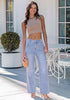 Ice Blue Women's Wide Leg High Waist Stretch Jeans Baggy Straight Leg Denim Pants, 29.5 Inch Inseam Angled Side Seam, Country Concert Western Style