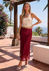 Red Women's Satin Maxi Skirt — Silky Bias Cut Long Slip Skirt with Easy Pull On Elastic Waistband & Lace Trim Hem