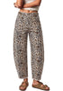 GRAPENT Women's High Rise Leopard Barrel Jeans | Leopard Print Denim, Adjustable Cinched Waist, Frayed Hem, 28