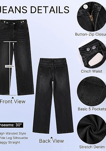GRAPENT Women's High Rise Wide Leg Jeans | Stretchy Denim, Adjustable Cinch Waist, 30" Inseam, 90s Baggy Straight, Everyday Dressy Casual