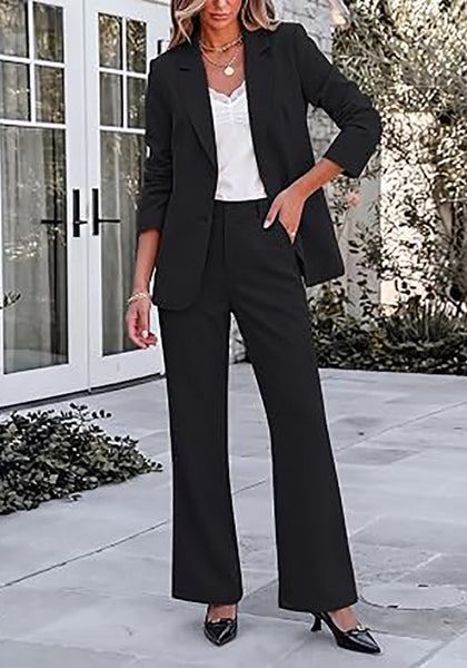 Black Women's 2 Piece Pant Suits, Business Casual Buttoned Blazer and High Waisted Bootcut Pants Set, 29" Inseam Professional Office Fall Teacher Outfits