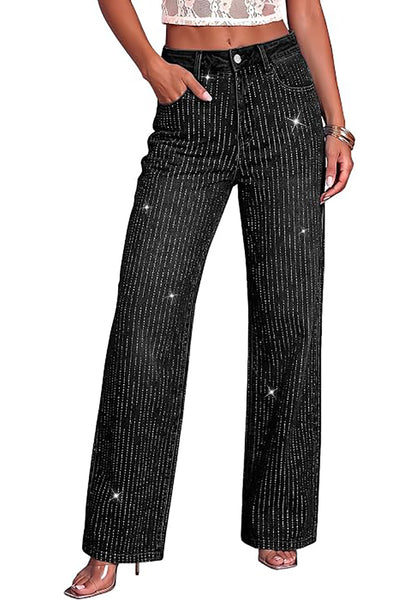 Washed Black Women's Rhinestone Wide Leg Jeans, High Waisted Stretch Glitter Sparkly Embellished Denim Pants, 29.5" Inseam Trendy Party Night Out Outfits