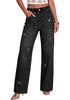 Washed Black Women's Rhinestone Wide Leg Jeans, High Waisted Stretch Glitter Sparkly Embellished Denim Pants, 29.5
