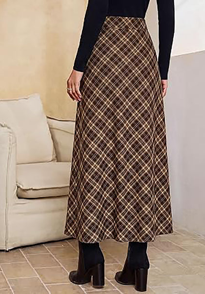 Brown & Khaki Women's Trendy Plaid Maxi Skirt — High Waisted A Line Long Skirt with Side Slit, Vintage Pattern & Back Elastic Waist