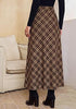 Brown & Khaki Women's Trendy Plaid Maxi Skirt — High Waisted A Line Long Skirt with Side Slit, Vintage Pattern & Back Elastic Waist