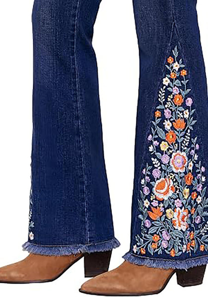 Darkness Blue Women's Floral Embroidery Flare Jeans — High Waisted Stretchy Bootcut Denim with Raw Frayed Hem & Retro Distressed Wash