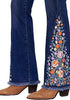 Darkness Blue Women's Floral Embroidery Flare Jeans — High Waisted Stretchy Bootcut Denim with Raw Frayed Hem & Retro Distressed Wash