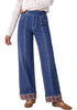 Medium Blue Women's High Rise Wide Leg Jeans — Stretchy Denim Pants with Double Button Waistband, Vertical Seam & Contrast Plaid Cuffs