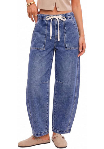 GRAPENT Women's High Waisted Baggy Barrel Jeans | Stretchy Denim, Elastic Drawstring Waist, Pull On, 27.5" Inseam, Ankle Length, Dressy Casual Outfits