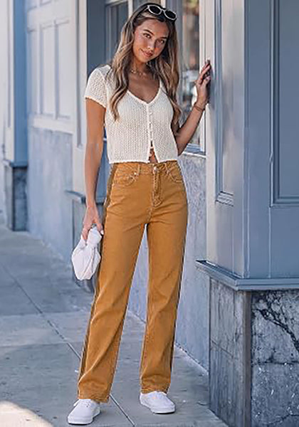 Golden Brown Women's High Waisted Straight Leg Jeans, Tuxedo Side Stripe Stretchy Denim Pants, 29" Inseam Relaxed Fit 90s Style Concert Outfits
