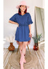 Dark Blue Denim Dress for Women Chambray Batwing Sleeves Smocked Waist A-line Short Jean Dresses with Pockets