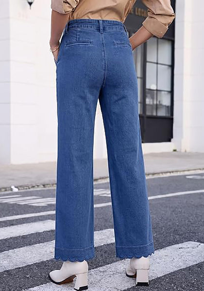 GRAPENT Women's High Waisted Scalloped Ankle Jeans | Stretchy Denim, Straight Wide Leg, 27.5" Inseam, Patched Pockets, Work Office Dressy Casual