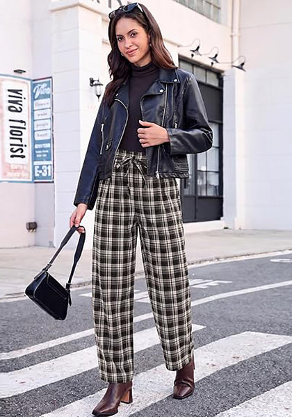 GRAPENT Women's High Waisted Plaid Barrel Pants | Tapered Wide Leg, Elastic Drawstring Waist, Front Pockets, Work Office Casual Fall Outfits