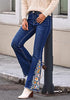 Darkness Blue Women's Floral Embroidery Flare Jeans — High Waisted Stretchy Bootcut Denim with Raw Frayed Hem & Retro Distressed Wash