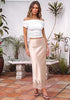 Pink Tint Women's Satin Maxi Skirt — Silky Bias Cut Long Slip Skirt with Easy Pull On Elastic Waistband & Lace Trim Hem