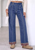 Medium Blue Women's High Rise Wide Leg Jeans — Stretchy Denim Pants with Double Button Waistband, Vertical Seam & Contrast Plaid Cuffs