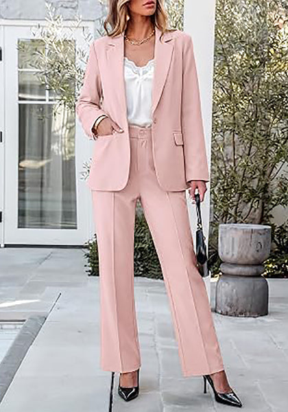 Peach Blush Women's 2 Piece Blazer Pants Suit, Business Casual Long Sleeve Belted Double Breasted Blazer & Elastic High Waisted Flared Pants Set, Dressy Office Work Outfits