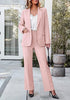 Peach Blush Women's 2 Piece Blazer Pants Suit, Business Casual Long Sleeve Belted Double Breasted Blazer & Elastic High Waisted Flared Pants Set, Dressy Office Work Outfits