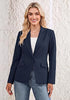 Dark Blue Women's Notched Lapel Blazer, Single Button Shoulder Pads Suit Jacket, Long Sleeve Business Casual Work Office Blazer with Pockets & Back Slit