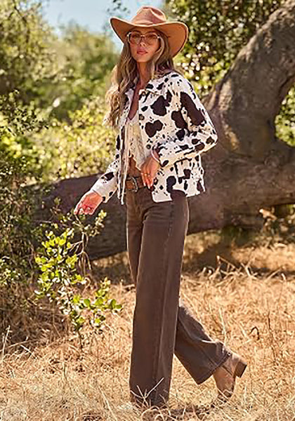 Multi Cow Print Women's Cow Print Faux Suede Shacket — Cropped Button Down Jacket with Pockets & Full Lining