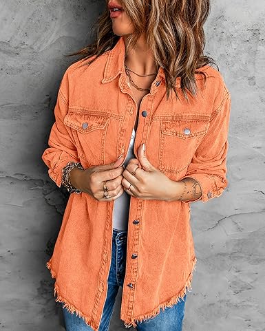 Orange Button-Up Oversized Women's Denim Shacket