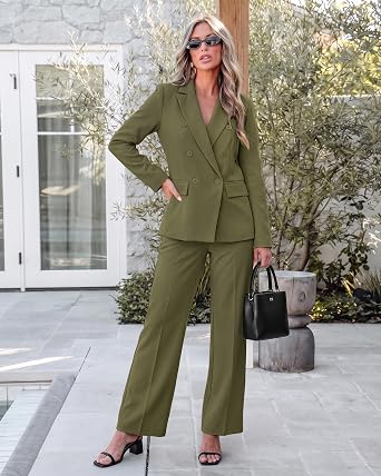 Olive Green Women's 2 Piece Double Breasted Pantsuit — Double Breasted, Wide Leg & Structured Shoulders, Professional Dressy Pantsuit Set, Office Chic, 2026 Fall Fashion