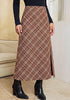 Cinnamon & Khaki Women's Trendy Plaid Maxi Skirt — High Waisted A Line Long Skirt with Side Slit, Vintage Pattern & Back Elastic Waist