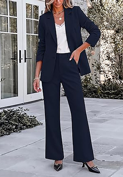 Navy Blue Women's 2 Piece Pant Suits, Business Casual Buttoned Blazer and High Waisted Bootcut Pants Set, 29" Inseam Professional Office Fall Teacher Outfits