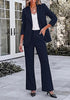 Navy Blue Women's 2 Piece Pant Suits, Business Casual Buttoned Blazer and High Waisted Bootcut Pants Set, 29