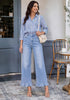 GRAPENT Women's High Waisted Ruffle Hem Wide Leg Jeans | Stretch Denim, 27.5