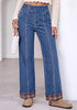 Classic Blue Women's High Rise Wide Leg Jeans — Stretchy Denim Pants with Double Button Waistband, Vertical Seam & Contrast Plaid Cuffs