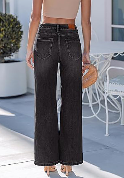 Washed Black Women's Wide Leg High Waist Stretch Jeans Baggy Straight Leg Denim Pants,  29.5 Inch Inseam Angled Side Seam, Country Concert Western Style