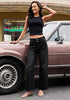 Washed Black Women's High Waisted Wide Leg Jeans by luvamia — Stretchy 90s Baggy Straight Denim, Raw Hem, Button Front, 29.5