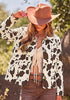 Dark Brown Cow Print Women's Cow Print Faux Suede Shacket — Cropped Button Down Jacket with Pockets & Full Lining