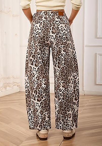 Sand Leopard Women's Trendy Leopard Barrel Jeans — High Waisted Baggy Wide Leg Stretchy Denim Pants with Front Seam & Ankle Length