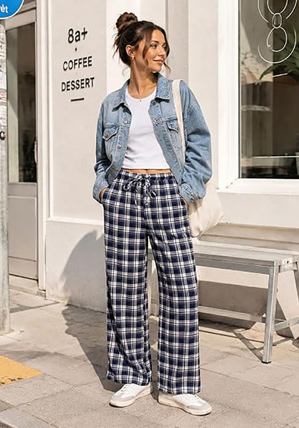 GRAPENT Women's High Waisted Wide Leg Plaid Pants | Tartan Pattern, Elastic Waist Drawstring, Pockets, Relaxed Fit, Casual Daily Fall Outfits