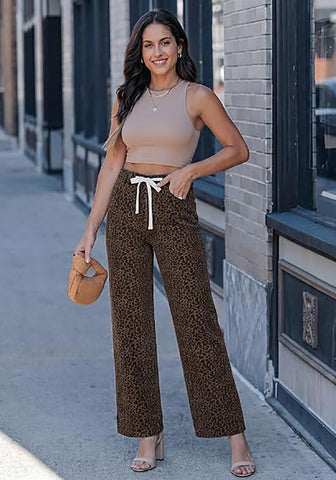 GRAPENT Women's High Waisted Wide Leg Leopard Jeans | Leopard Print Denim, Drawstring Waist, Loose Straight Leg, 28" Inseam, Dressy Casual Everyday Wear