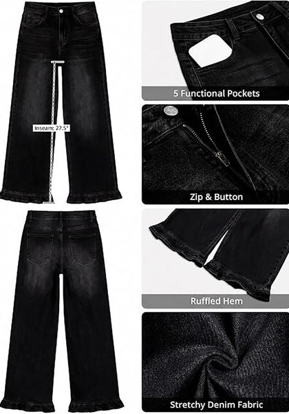 GRAPENT Women's High Waisted Ruffle Hem Wide Leg Jeans | Stretch Denim, 27.5" Inseam, Ankle Cropped, Baggy Fit, Weekend Casual
