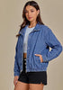 Medium Blue Women's Funnel Neck Denim Jacket — Oversized Zip Up Jean Jacket with Drop Shoulder, Elastic Hem & Side Slant Pockets
