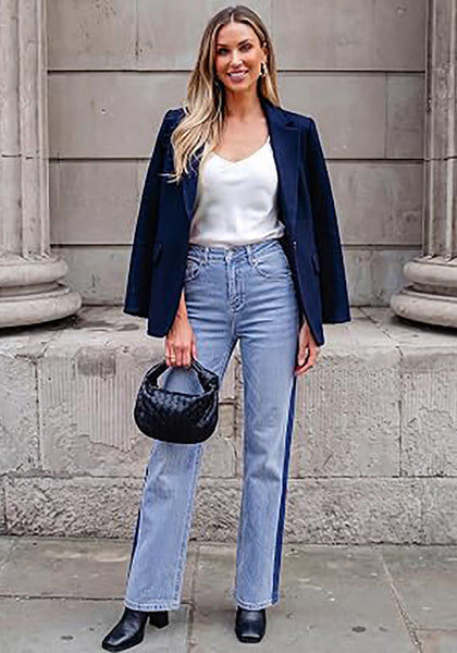 Lakeside Blue Women's High Waisted Straight Leg Jeans, Tuxedo Side Stripe Stretchy Denim Pants, 29" Inseam Relaxed Fit 90s Style Concert Outfits