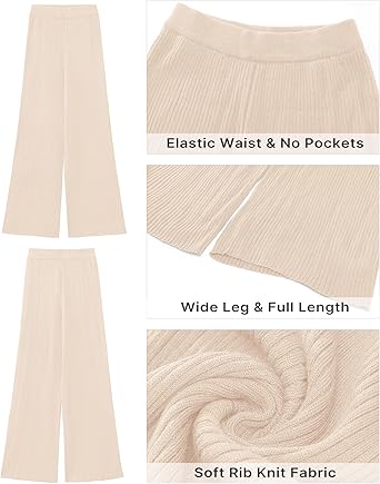 Light Beige Women's Casual Elastic Waist Full Length High Waisted Relaxed Fit Stretch Wide Leg Pants in Acrylic Fibers