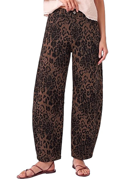 Brown Leopard Women's Trendy Leopard Barrel Jeans — High Waisted Baggy Wide Leg Stretchy Denim Pants with Front Seam & Ankle Length