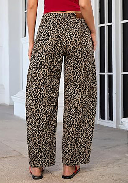 Khaki Brown Leopard  Women's Trendy Leopard Barrel Jeans — High Waisted Baggy Wide Leg Stretchy Denim Pants with Front Seam & Ankle Length