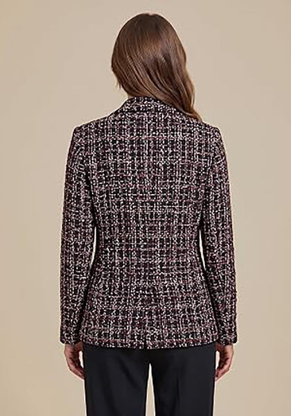 Black & Wine Red Women's Plaid Tweed Work Blazer | Long Sleeve Notched Lapel Jacket, Fully Lined, Shoulder Pads, Single Button, 2 Pockets – Office, Interview, Business Casual