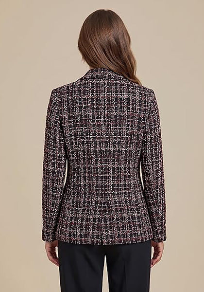 GRAPENT Women's Tweed Plaid Blazer | Notched Lapel, Fully Lined, Shoulder Pads, Single Button, 2 Pockets, Interview Office Business Casual