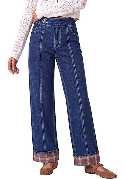 Darkness Blue Women's High Rise Wide Leg Jeans — Stretchy Denim Pants with Double Button Waistband, Vertical Seam & Contrast Plaid Cuffs