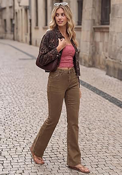 Toffee Brown Women's Trendy Mid Rise Bootcut Jeans — Stretchy Western Denim Pants with 90s Vintage Flare & 30.5" Inseam
