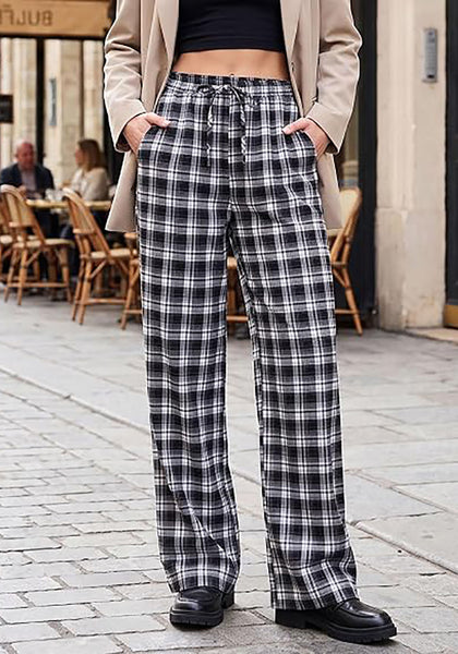 GRAPENT Women's High Waisted Wide Leg Plaid Pants | Tartan Pattern, Elastic Waist Drawstring, Pockets, Relaxed Fit, Casual Daily Fall Outfits