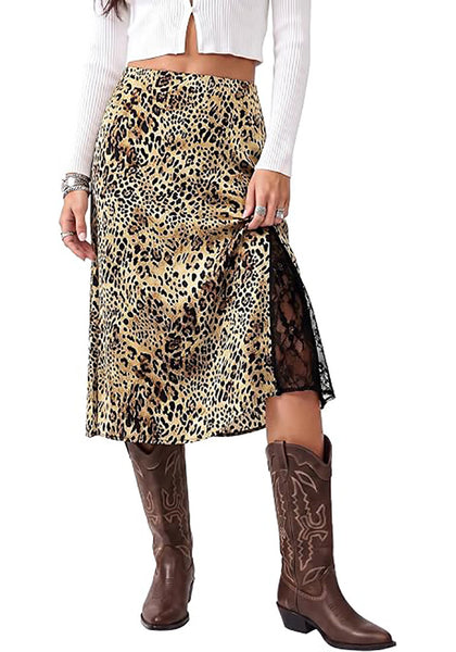 Brown Cheetah Satin Midi Skirt — High Waisted A Line Slip Skirt with Slit, Lace Trim & Stretchy Waist